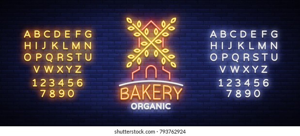 Bakery organic logo, fresh bread, loaf. Vector illustration on bakery, baking, confectionery. Natural baking. Neon sign, vivid advertising, luminous symbol for your projects. Editing text neon sign