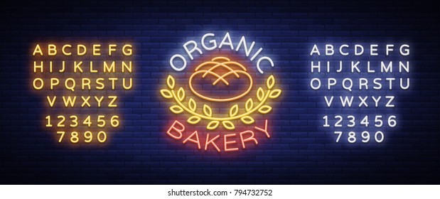 Bakery organic logo, fresh bread, loaf. Vector illustration on bakery, baking, confectionery. Natural baking. Neon sign, vivid advertising, luminous symbol for your projects. Editing text neon sign