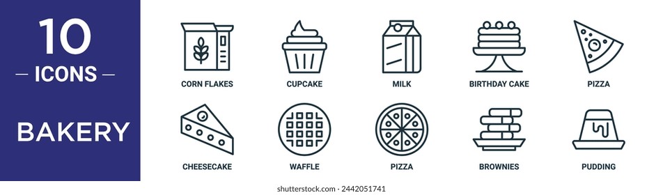 conjunto de iconos de contorno de panadería incluye copos de maíz de línea delgada, cupcake, leche, torta de cumpleaños, pizza, cheesecake, iconos de gofres para informe, presentación, diagrama, diseño web