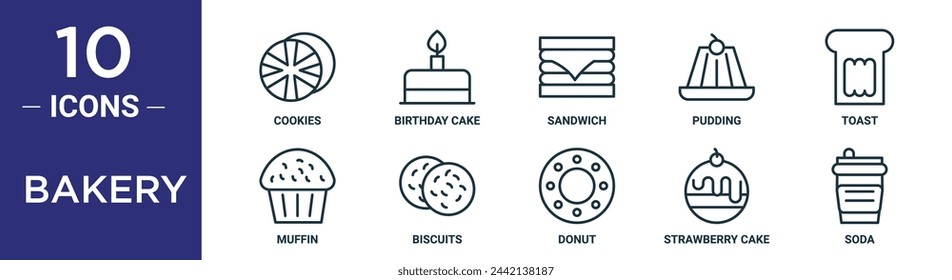 bakery outline icon set includes thin line cookies, birthday cake, sandwich, pudding, toast, muffin, biscuits icons for report, presentation, diagram, web design