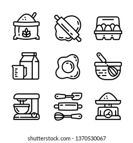 Kontursymbole der Bäckerei werden gesetzt. Eine Reihe von Bäckereiwerkzeugen, Vektorsymbole für Webdesign einzeln auf weißem Hintergrund.