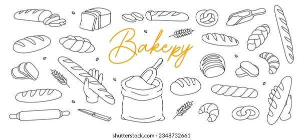 Bakery outline sketch set. Breads line banner. Bakery menu horizontal illustration. Whole grain and wheat bread, pretzel, ciabatta, croissant.