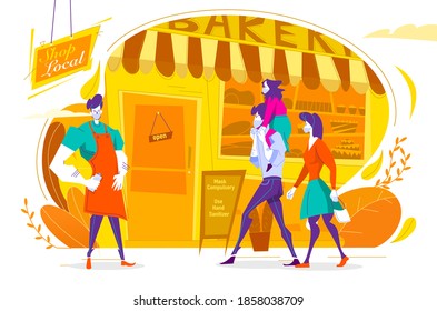 Bakery owner standing in front of his store, support small business during pandemic yellow abstract.