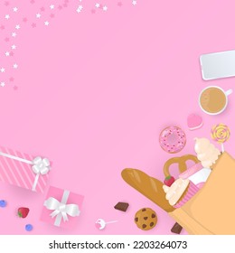 Bakery in a paper bag with gift box, coffee, mobile phone, star, and space for copy text on pink background.