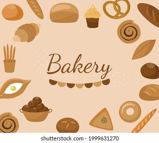 Bakery, pastries, bread and confectionery products, buns, baguette, loaf, croissant, cake, khachapuri. Banner, poster, sticker. The vector illustration is isolated, on a beige background.