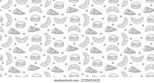 Padaria, doces. Padrão contínuo. Burger, croissant, pizza slice. Fast food, pronto para comer. Conjunto de ícones, rabiscos, desenhos. Cozinhar, café.