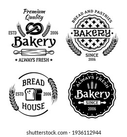 Bakery and pastries set of four vector monochrome emblems, badges, labels isolated on white background