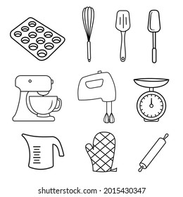 Bakery and pastries set of vector design elements on white background, kitchen tools. Vector Kitchen grip, rolling pin, mixer in outline style. Set of icons