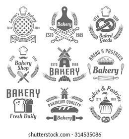 Bakery and pastries set of vector monochrome labels, badges, emblems isolated on white background