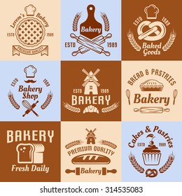 Bakery and pastries set of vector vintage colored labels, badges, emblems and logos