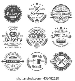 Bakery and pastries set of vintage vector black labels, emblems, badges and design elements isolated on white background