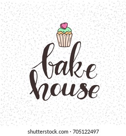 Bakery & pastries shop handwritten logo with cute cupcake. Modern food label and cooking lettering design for cafe menu, flyer, banner, poster, sticker, packaging templates. Isolated vector on white.