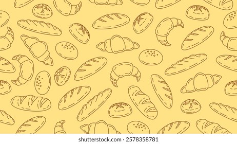 Bakery and pastry background. Hand drawn bread seamless pattern motif wallpaper. Bake shop backdrop, packaging, food wrapper