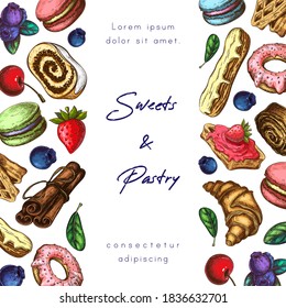 Bakery or pastry banner, background or frame with place for text and lettering. vector illustration of sweet desserts, pastries and berries. great for cafe, patisserie poster, menu, package design