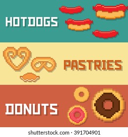 Bakery and pastry banner set. Pixel art. Old school computer graphic style.