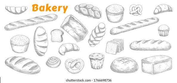 Bakery, pastry and bread isolated vector sketch icons. Engraved bake shop rye and wheat bread sorts, muffin, bun and bagel, sliced loaf, french baguette and croissant, pretzel and biscuit sketch