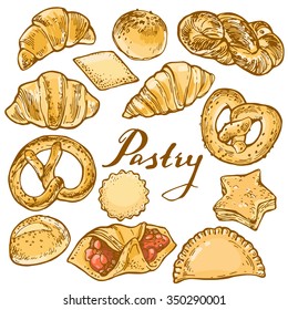 bakery pastry bun pretzel hand drawn vector illustration