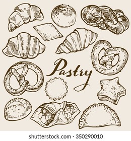 bakery pastry bun pretzel hand drawn vector illustration