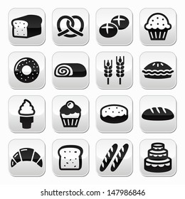 Bakery, pastry buttons set - bread, donut, cake, cupcake