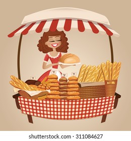 Bakery (Pastry) cart with a cute girl seller. Vector illustration