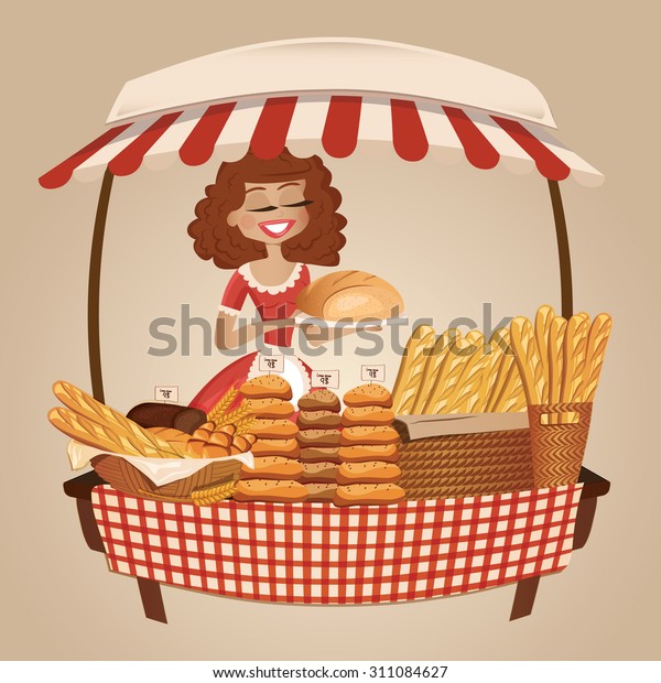 Bakery (Pastry) cart with a cute girl\
seller. Vector\
illustration