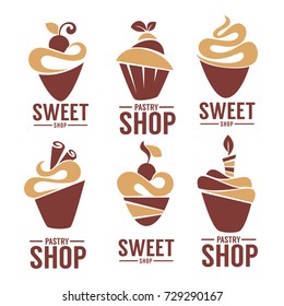 bakery, pastry, confectionery, cake, dessert, sweets shop, vector logo and emblem collection