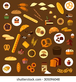 Bakery, pastry and confectionery flat icons with various breads, croissants, pretzels, donuts, cakes, cookies, cupcakes, candies and bagels