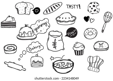 Bakery, pastry and confectionery sketched icons with various breads and loafs. Bakery doodle set. Bakery vector isolated.  Cake and pastry vector set.