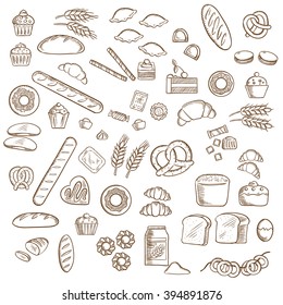 Bakery, pastry and confectionery sketched icons with various breads and loafs, croissants and pretzels, donuts and cakes, cookies and cupcakes, candies and bagels