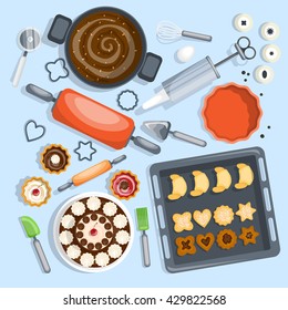 Bakery Pastry and Confectionery Top View Set  Vector Illustration