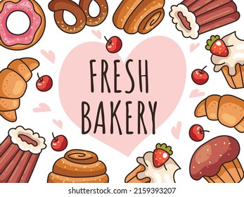 Bakery pastry cookie cake banner poster with text place concept. Vector flat graphic design illustration background