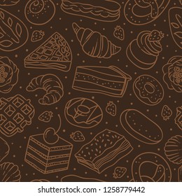 Bakery and pastry dark seamless pattern. Vector background with sweet food and desserts for cafe decoration