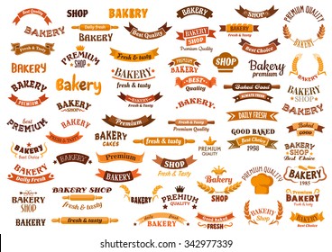 Bakery and pastry design elements with ribbon banners, wheat and rye ears, baker hats, rolling pins, crowns and stars. Isolated on  white