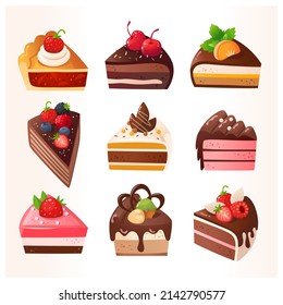 Bakery and pastry desserts with chocolate vanilla caramel and strawberry cherry flavours. Vector isolated images of cakes and pie decorated with fruit, chocolate nuts. Cute icons for menu designs. 