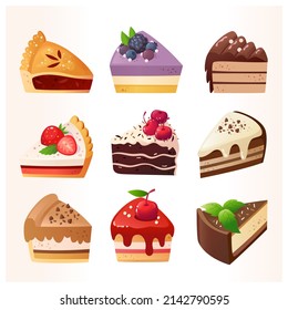 Bakery and pastry desserts with chocolate vanilla and strawberry flavours. Vector isolated delicious illustrations of cakes and pie decorated with fruit, chocolate glaze Cute icons for menu designs. 