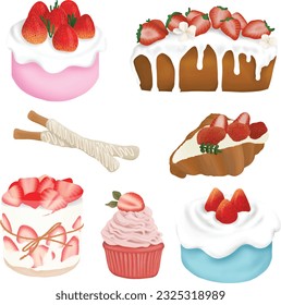 bakery and pastry desserts with chocolate vanilla and strawberry flavours jams sundaes. Vector isolated delicious illustrations of cake and sweet foods for menu designs. Cute lovely icon.