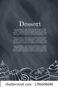 Bakery and pastry desserts sketches of cake, cupcake, muffin, pie.