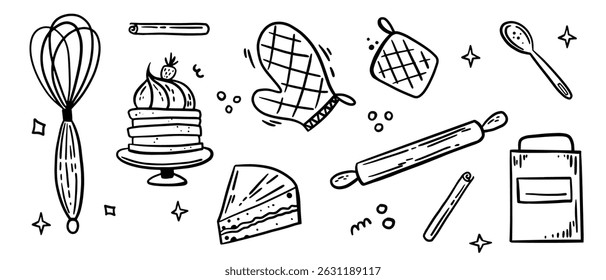 Bakery pastry doodle hand drawn sketch set. Cooking baking kitchen tools, food illustration vector elements.
