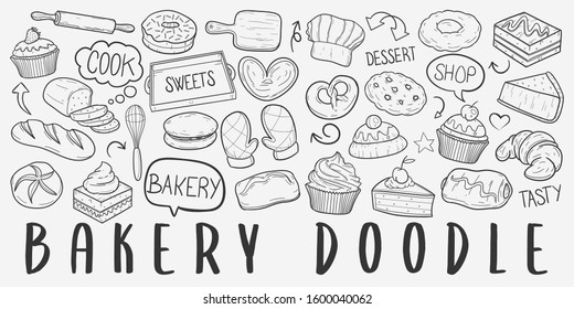 Bakery Pastry Doodle Line Art Illustration. Hand Drawn Vector Clip Art. Banner Set Logos.