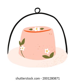 Bakery and Pastry elements cake with blooming flowers with glass dome lid vector illustration