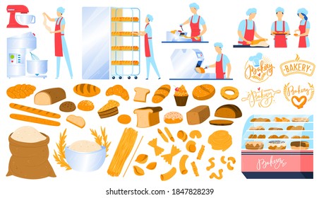 Bakery, pastry equipment, bread food isolated icons set of vector illustrations. Sweet pastries products, ingredients, bakers knedling dough, flour and baking business. Oven, workers, production.