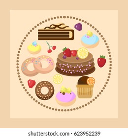 Bakery pastry and fruits in a frame on brown background