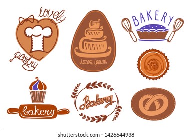 Bakery and pastry hand drawn logos set