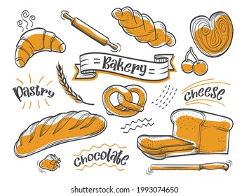 Bakery and Pastry Handrawn Background Flatline in Orange Color. Fix to, Suit to, Proper for bakery  pastry wallpaper, brand  menu.