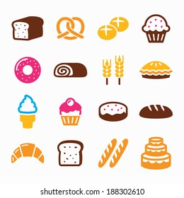 Bakery, Pastry Icon Set - Bread, Donut, Cake, Cupcake 