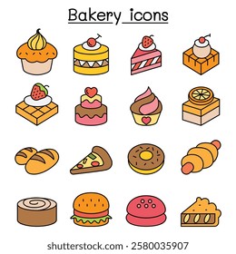 Bakery and Pastry icon set in color line style