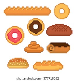 Bakery and pastry icon set. Bakery icons. Pastry icons. Pixel icons set. Bakery and pastry icon pixels.  Pixel art. Old school computer graphic style.