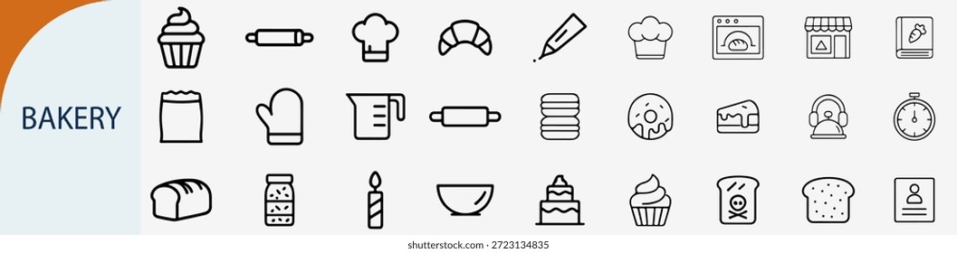conjunto de ícones de padaria e pastelaria, vetor de arte de linha mínima, contorno preto