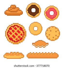 Bakery and pastry icon set. Pixel art. Old school computer graphic style.