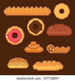 Bakery and pastry icon set. Pixel art. Old school computer graphic style.